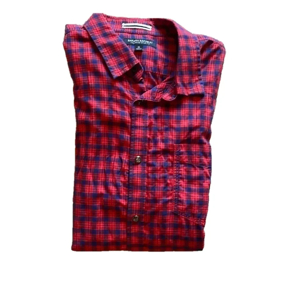 Banana Republic Mens XL Red and Blue Plaid Western Long Sleeve Button Down Shirt